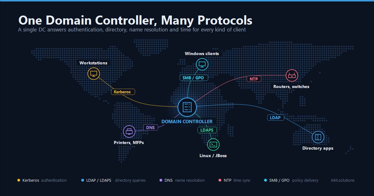 World map showing one Domain Controller at the centre serving clients on every continent over different protocols: Kerberos for workstation authentication, SMB and Group Policy for Windows clients, NTP for routers and switches, DNS for printers, LDAPS for Linux and JBoss systems, and LDAP for directory applications