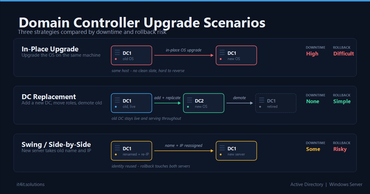 Diagram comparing three Domain Controller upgrade strategies - in-place upgrade, DC replacement and swing side-by-side - rated by downtime and rollback risk
